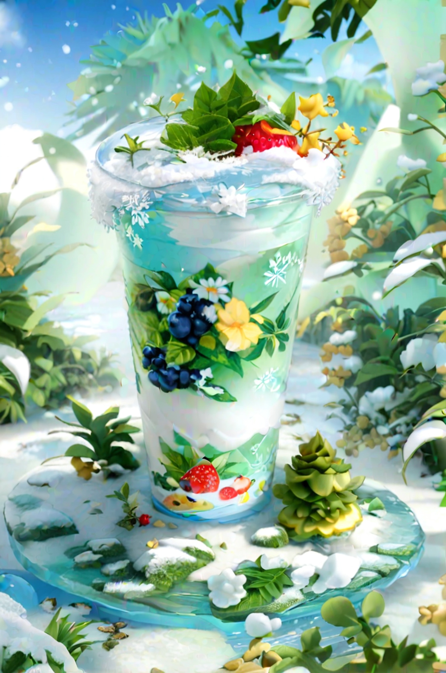 parameters: "(Masterpiece, Boutique, Boutique, Official Art, Beauty, Aesthetics:1.2),Ice and Snow Wrap Paper Cup,Water Wrap Paper Cup,Milky white transparent water,Chinese three-dimensional fruit painting,a variety of fruits,Ice  and  Snow Theme,Surrealist Fantasy Style,Cream Organic Liquid,Ray Tracing,Foreground Occlusion,Natural Light,Jungle,C4,