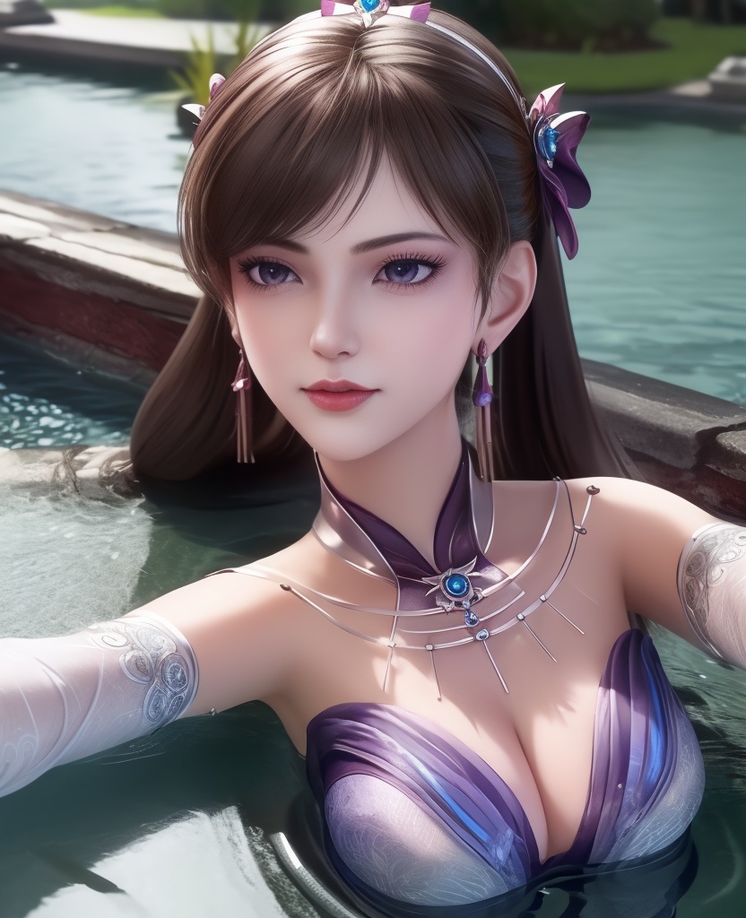<lora:561-DA-炼气十万年-孔炎:0.8>(,1girl, ,best quality, ),looking at viewer,masterpiece, ((((1girl, solo, , ,solo focus, lying on water, )))) (cleavage), (), ,ultra realistic 8k cg,   clean, masterpiece,     (( , )),,  , unreal, science fiction, luxury, jewelry, diamond, gold, pearl, gem, sapphire, ruby, emerald, intricate detail, delicate pattern, charming, alluring, seductive, erotic, enchanting, hair ornament, necklace, earrings, bracelet, armlet,halo,(cleavage),, (),