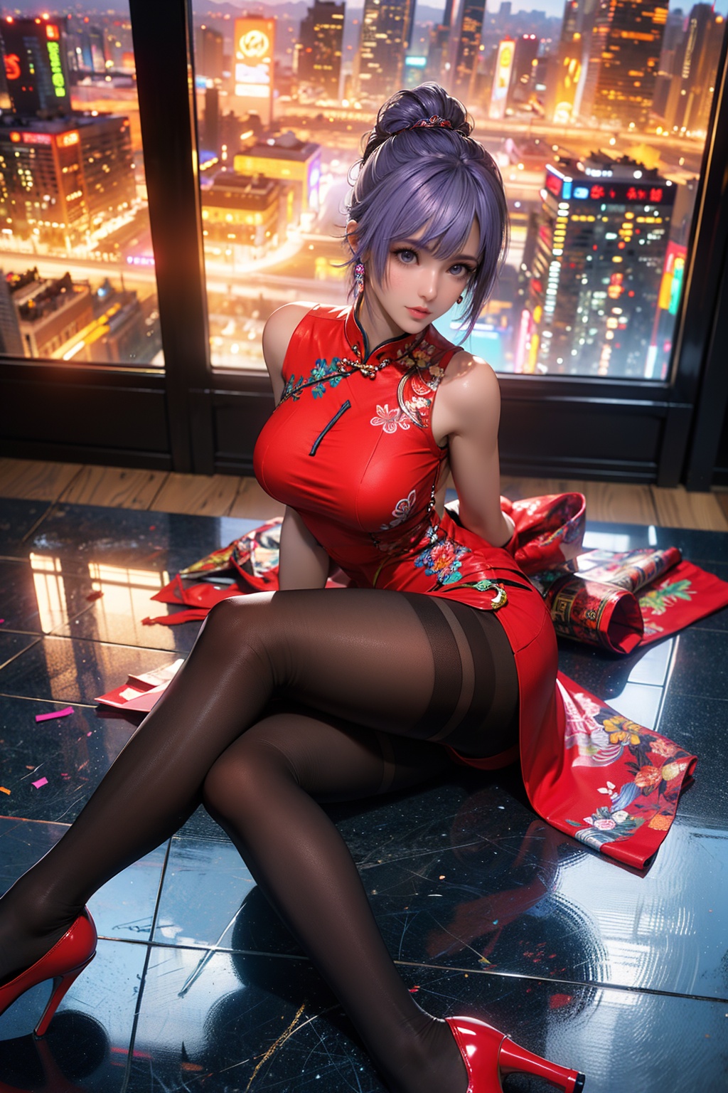 1girl,solo,arms behind back,((masterpiece,high quality,best quality,8k,wallpaper,fine lineart,highly detailed,absurdres)),high heels,model,thin,sitting_on_xx,cheongsam,china_dress,(crossed_legs:1.1),(pantyhose:1.1),large breasts,(mid shot:1.1),(cityscape:1.1),(front view:1.1),(from above:1.1),fiona,<lora:fionaface1r-000005:0.75>,