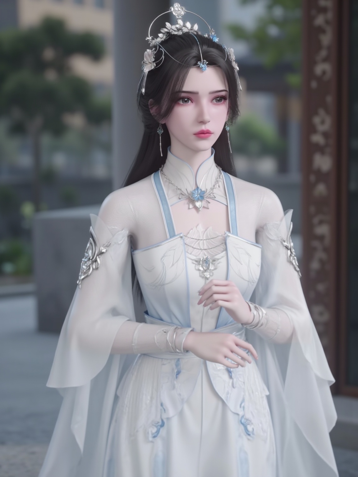 limuwan,Very realistic style,HD photography style,transparent white gown with intricate silver embroidery and flowing sleeves, adorned with jewels,outdoors,