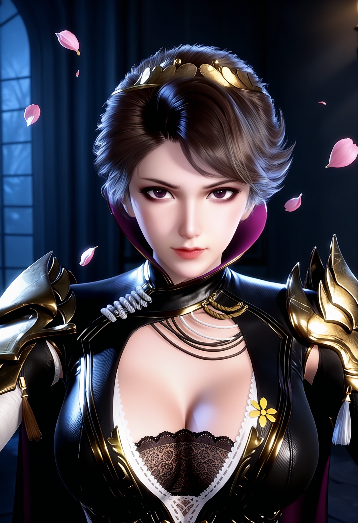 masterpiece,best quality,amazing quality,high resolution,ultra-detailed,absurdres,(looking at viewer:1.1),upper body,(Dark room:1.3),(moody lighting:1.1),peach blossom,falling petals BREAK large breasts,cleavage,zhuzhuyun,1girl,solo,short hair,brown hair,bodysuit,gloves,high collar,armor,purple eyes,cape,shoulder armor,hair ornament,makeup,clothing cutout,black bra,lace-trimmed bra,black gloves,high heels BREAK photorealistic details,<lora:QQSillzhuzhuyunV1:0.8>,