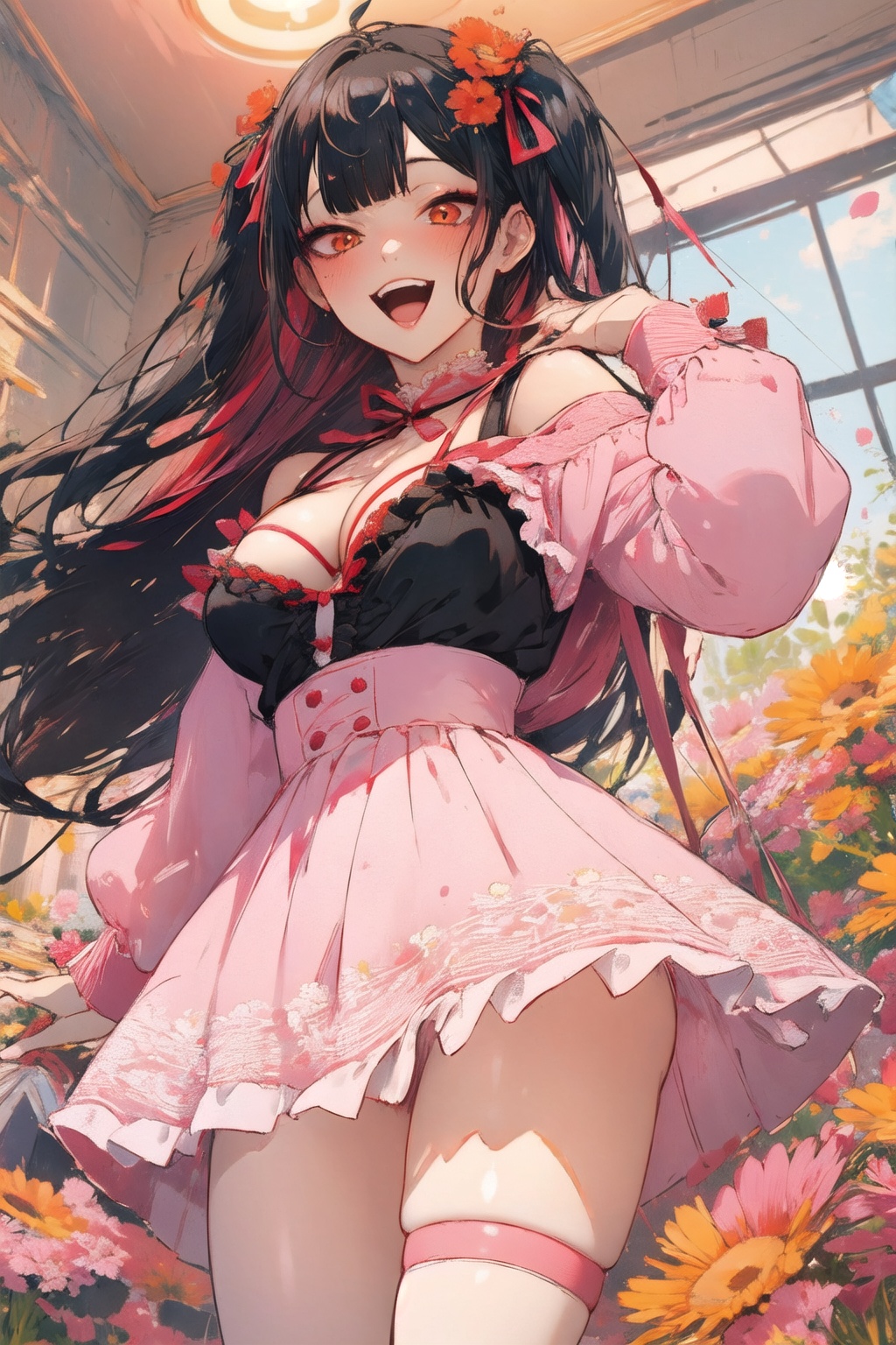 (masterpiece:1.2),best quality,PIXIV,1girl,solo,(facial focus),(flowers,flat color,lineart,abstract,ornate),<lora:grime:0.8>,<lora:手部修复>,breasts,1girl,skirt,looking at viewer,bangs,multicolored hair,cleavage,smile,thigh strap,long hair,black hair,clothing cutout,large breasts,ribbon,solo,hair ribbon,virtual youtuber,open mouth,shirt,blunt bangs,pink hair,cleavage cutout,indoors,two side up,frilled shirt,bare shoulders,hair ornament,blurry,frills,pink shirt,picture frame,red skirt,teeth,:d,red ribbon,long sleeves,blush,thighs,orange eyes,brown eyes,black shirt,streaked hair,jewelry,(from_below:1.1),
