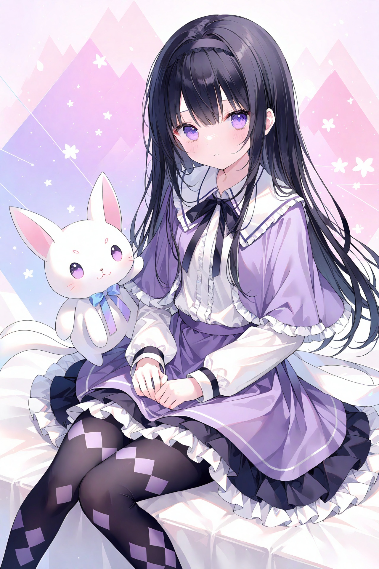 masterpiece,best quality,high quality,(colorful),Artist onineko,1girl,loli,akemi homura,sitting,long hair,pantyhose,black hair,purple eyes,hairband,kyubey,long sleeves,skirt,looking at viewer,argyle legwear,bangs,capelet,black pantyhose,frills,closed mouth,feet out of frame,black hairband,frilled skirt,ribbon,magical girl,:3,shirt,argyle,creature,knees together feet apart,neck ribbon,expressionless,on lap,white shirt,solo,