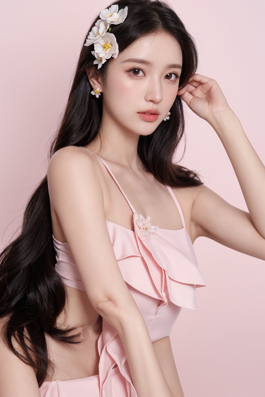 1girl, solo,(front view:1.2),(looking_at_viewer:1.4),(eye-contact:1.4),,black hair, long hair, jewelry, realistic, earrings, hair ornament, black eyes, lips, collarbone, parted lips, flower, watermark, upper body, portrait, hair flower, dress, web address,  <lora:YG红颜阁美女17:0.85>,