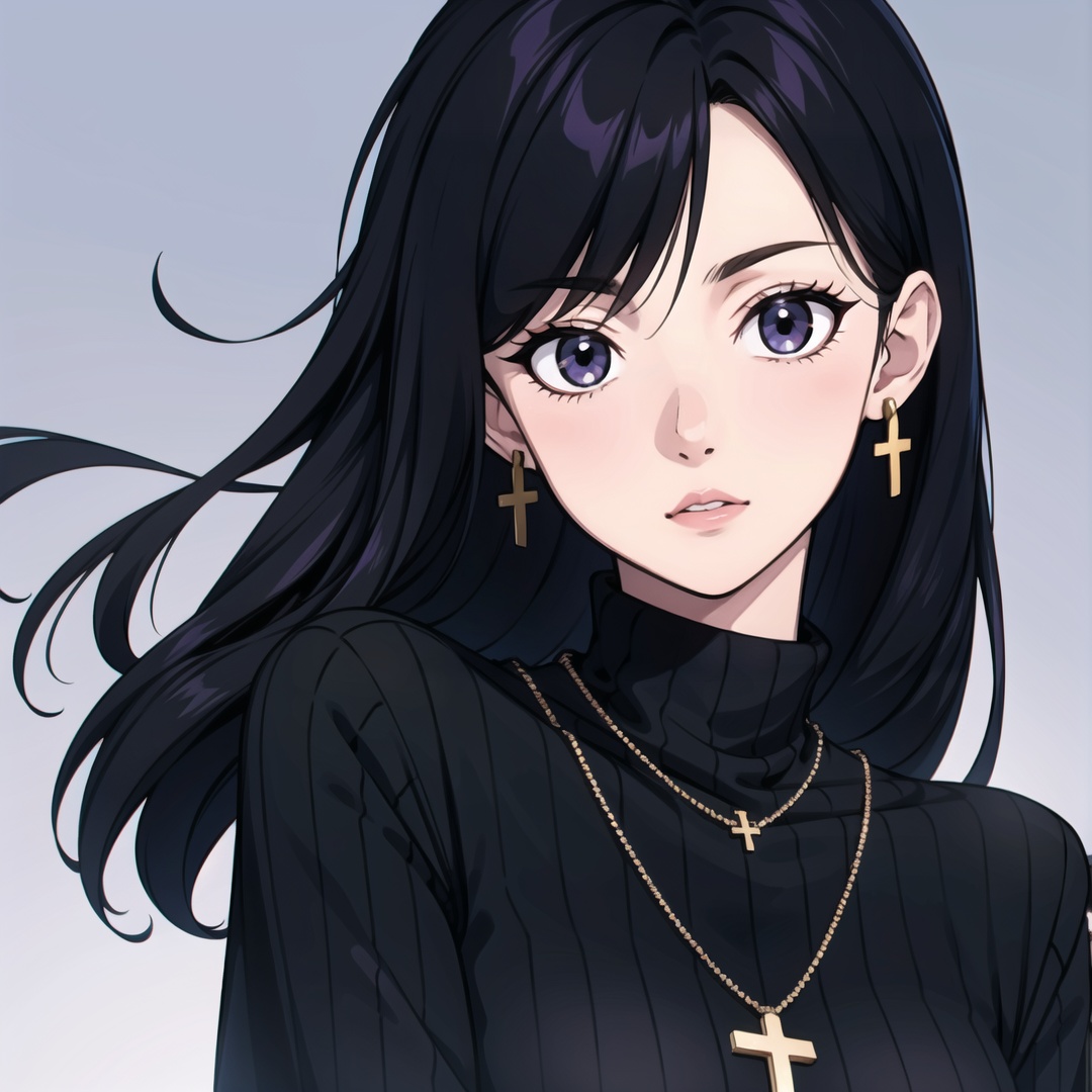 original,long hair,earrings,purple eyes,purple hair,black sweater,looking at viewer,simple background,upper body,1girl,parted lips,sfw,black hair,jewelry,long sleeves,solo,black shirt,black eyes,white background,black_ribbon,sweater,parted bangs,bangs,turtleneck,ribbed sweater,ribbon,necklace,closed mouth,earrings,shirt,cross,cross necklace,<lora:beauty:0.8>,