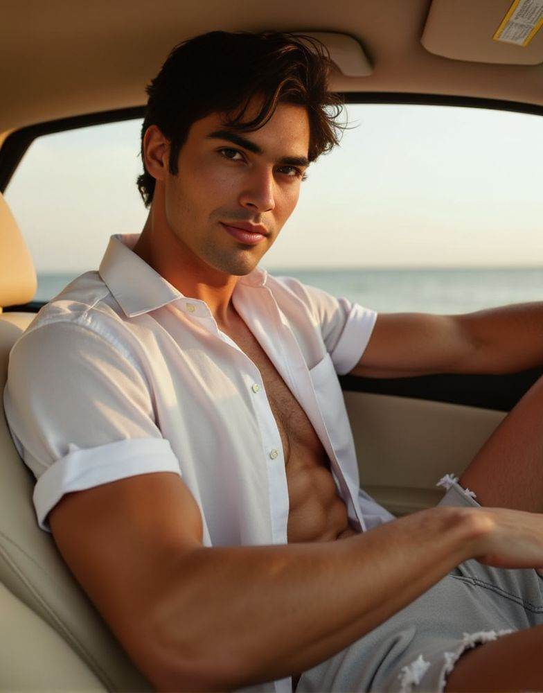kirk bondad ,  male focus. shirtless smiling. editorial. empathetic eyes. sitting in the passenger seat of a car. natural...