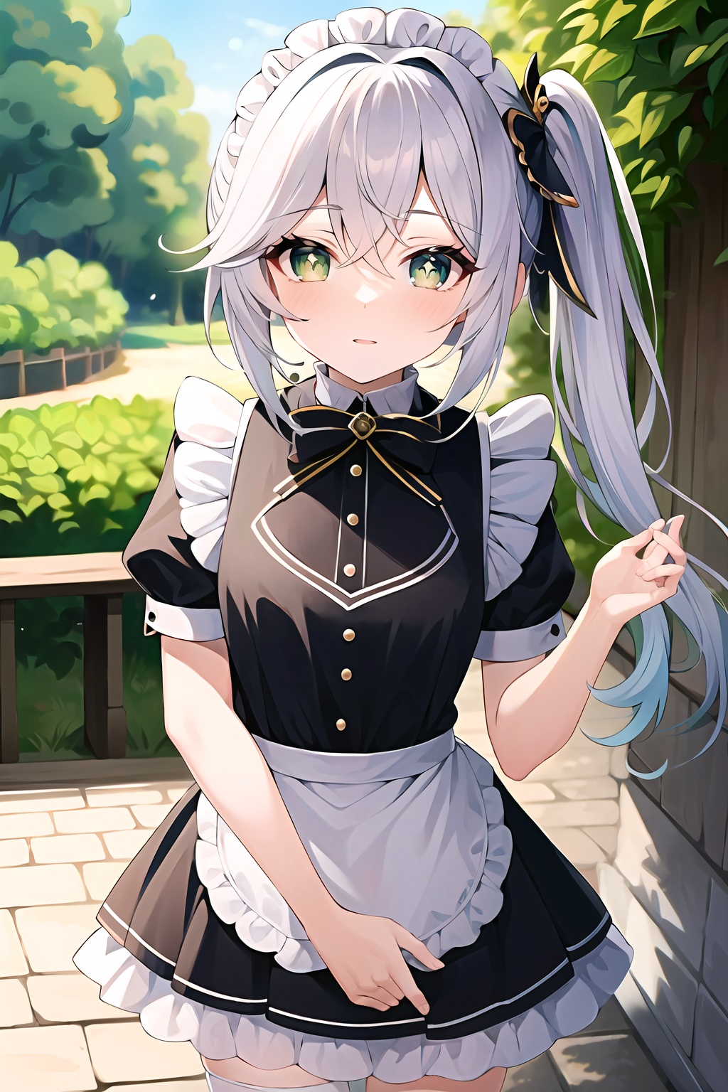 (masterpiece, best quality:1.2),insanely detailed,absurdres,ultra-highres,ultra-detailed,best quality,slender,kawaii,perfect symmetrical face,ultra cute girl,ultra cute face,ultra detailed eyes,ultra cute,ultra beautifu,nahida \(genshin impact\),1girl,solo,loli,side ponytail,white thighhighs,maid,<lora:nahidaV2-000008:0.6>,+_+,symbol-shaped pupils,outdoors,standing,