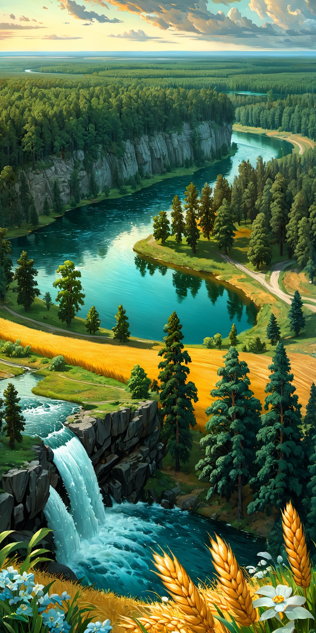 Wheat, fields,ivan Shishkin,nature,trees,forest,water fall,sky,clouds,rock,lake,cloud,scenery,leafs,flowers,mountain at far,river,from above,