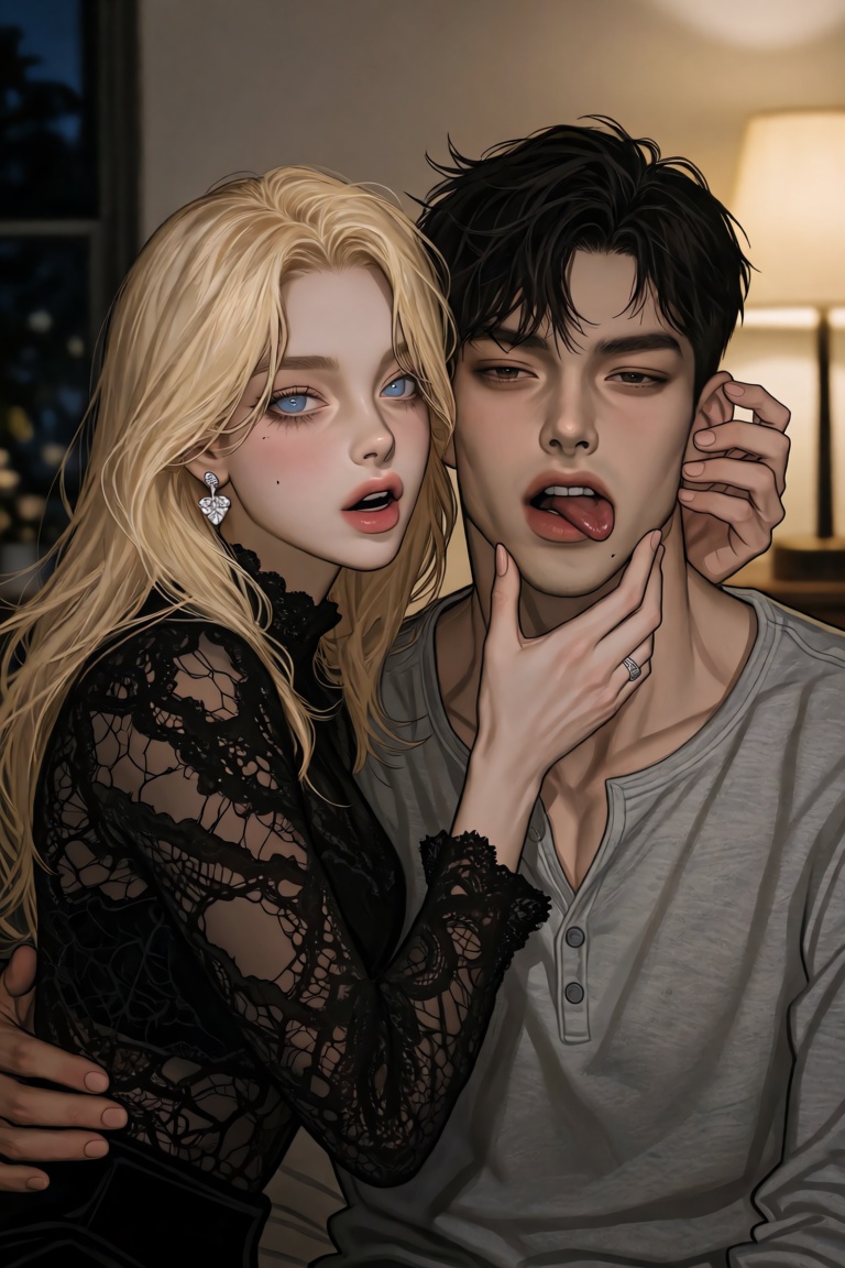 A young woman with long blonde hair and blue eyes bites the earlobe of a young man with short dark hair and brown eyes. He...