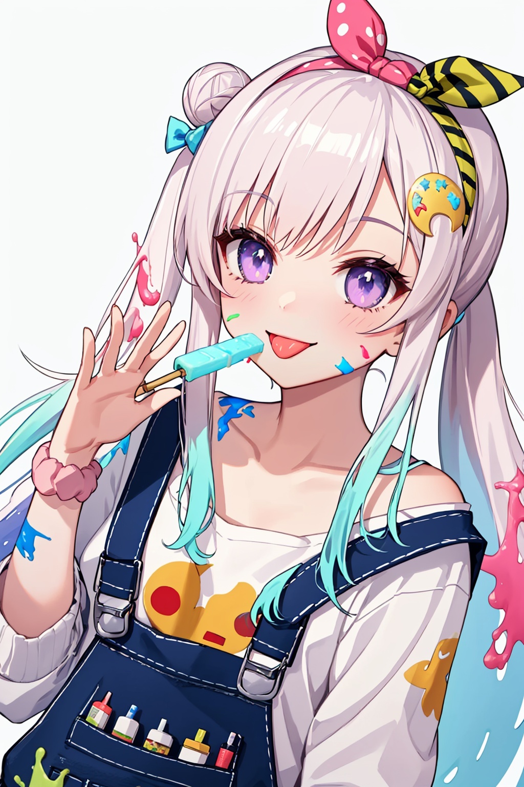 masterpiece,best quality, highly detailed, airani iofifteen,virtual youtuber, 1girl, overalls, solo, tongue out, single side bun, side ponytail, popsicle, waving, single hair bun, paint splatter on face, holding food, hairband, looking at viewer, white background, collarbone, blue bow, hair bow, smile, off shoulder, wrist scrunchie,<lora:airani_iofifteen:1>