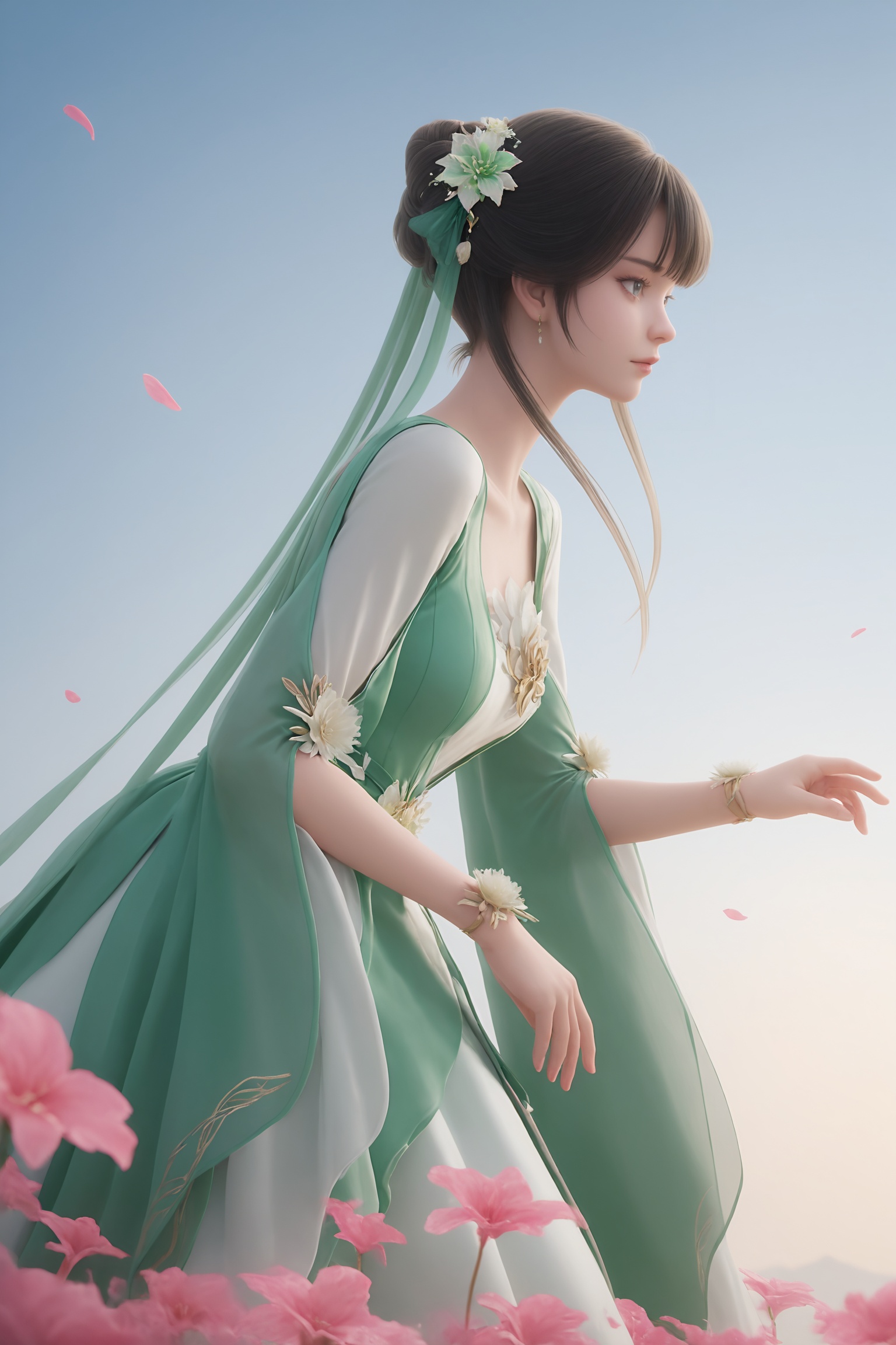 masterpiece,best quality,solo,1girl,upper body,petals,looking at viewer,sunset,branch,cherry blossoms,flower,extreme aesthetic,(quasarcake:0.7),masterpiece,best quality,good quality,newest,very aesthetic,absurdres,A shot with tension,(Visual impact,giving the poster a dynamic and visually striking appearance:1.2),impactful picture,offcial art,colorful,splash of color,movie perspective,<lora:诛仙3-碧瑶ILL:0.7>,1girl,long,dark hair, updo,green hair flower,white ribbon,elegant,flowing,sheer,pale green fabric with intricate floral patterns and golden accents gown,dress,long sleeves,