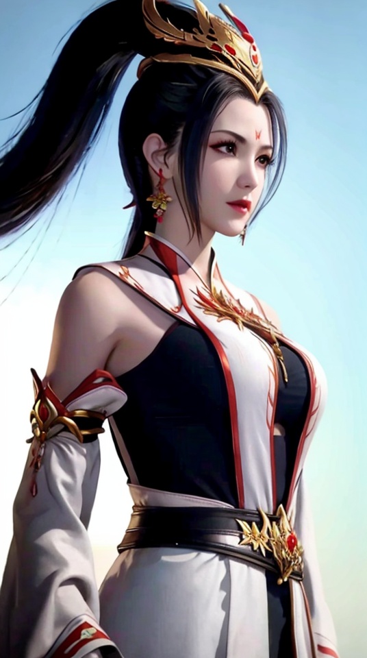 1girl,bare shoulders,black hair,breasts,detached sleeves,earrings,facial mark,jewelry,long hair,nose,ponytail,simple background,solo,upper body,white background,,<lora:6bd05e87fe538c5a2938f836fbdc85dd786e8fabdb9b8b519f510ddc6a60d743:0.6>