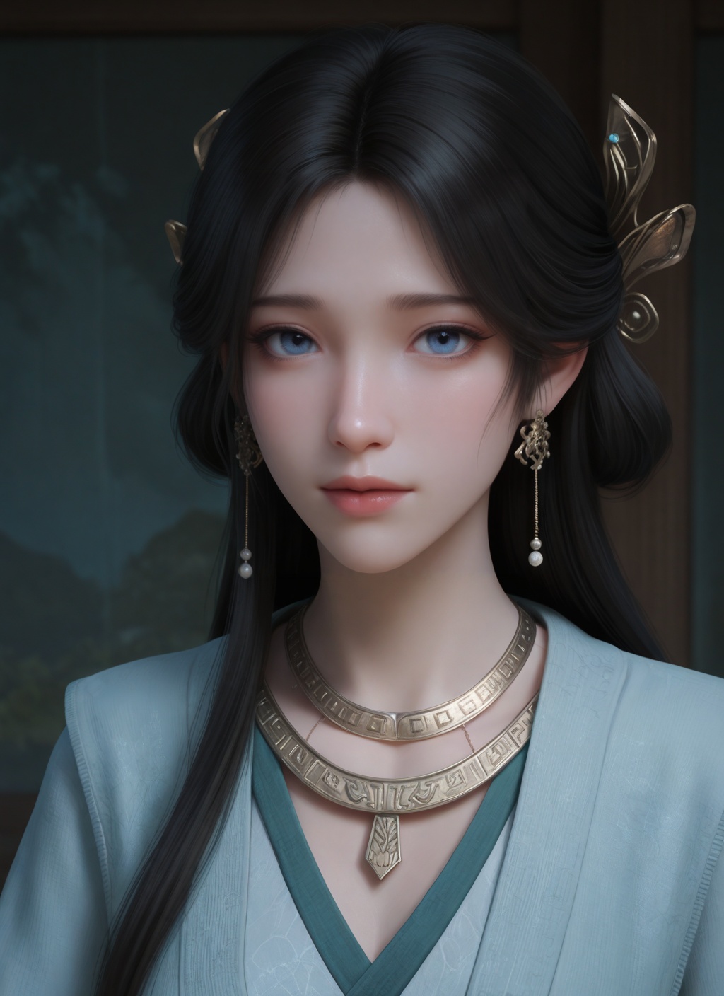 masterpiece,best quality,realistic,upper_body,<lora:illustrious-梅凝-v1.6:0.65>,meining,long face,black hair,long hair,blue eyes,jewelry,hair ornament,earrings,necklace,hanfu,looking_at_viewer,