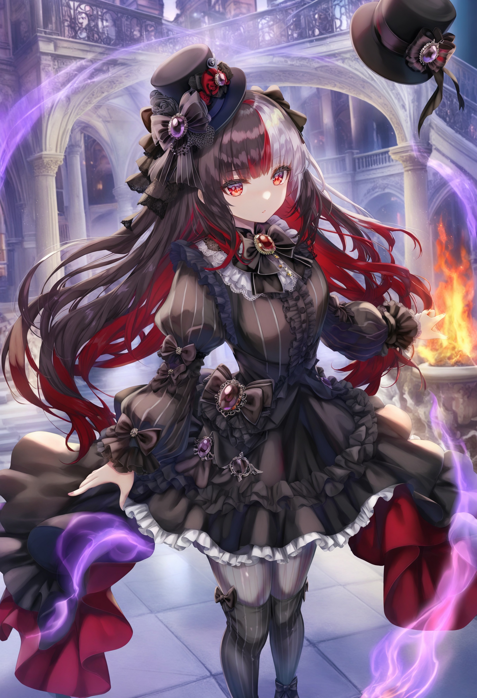masterpiece, best quality,1girl,   simple background, solo, dress, long hair, pantyhose, red eyes, multicolored hair, white background, black dress, animal ears, full body, black footwear, hat, black hair, long sleeves, frills, two-tone hair, standing, frilled dress, vertical-striped pantyhose, black bow, white hair, jewelry, striped clothes, vertical-striped clothes, puffy sleeves, striped pantyhose, black hat, goth fashion, bow, brooch, hair bow, puffy long sleeves, colored inner hair, top hat, purple fire, boots, grey pantyhose, thigh boots, fire, red hair <lora:torinoXLlokr8f-000182:0.95>