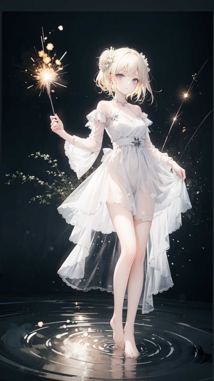 Best quality,8k,cg,night,glowing,transparent,barefoot,1girl,standing_on_liquid,ripples,sparkler,dress,Formed by light,starry_background,