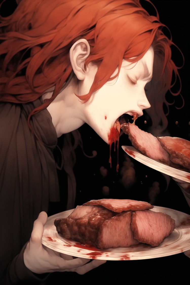 qzqzz, red hair, food, eating, holding, closed eyes, plate, open mouth, long hair, solo, meat, 1boy, from side, male focus, profile, upper body, fire, holding plate, blood, long sleeves,<lora:qzqzz-000020:1>,, masterpiece, best quality,