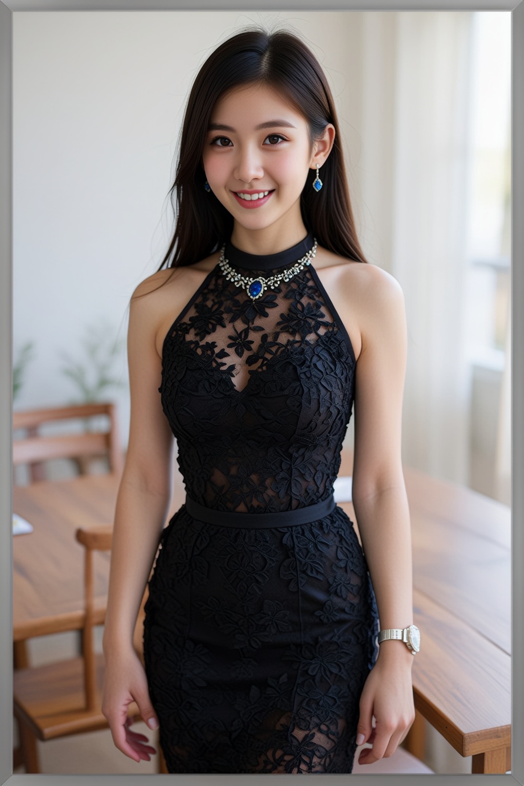 The image depicts a photograph of an Asian woman with long black hair and fair skin,  standing indoors in front of a woode...
