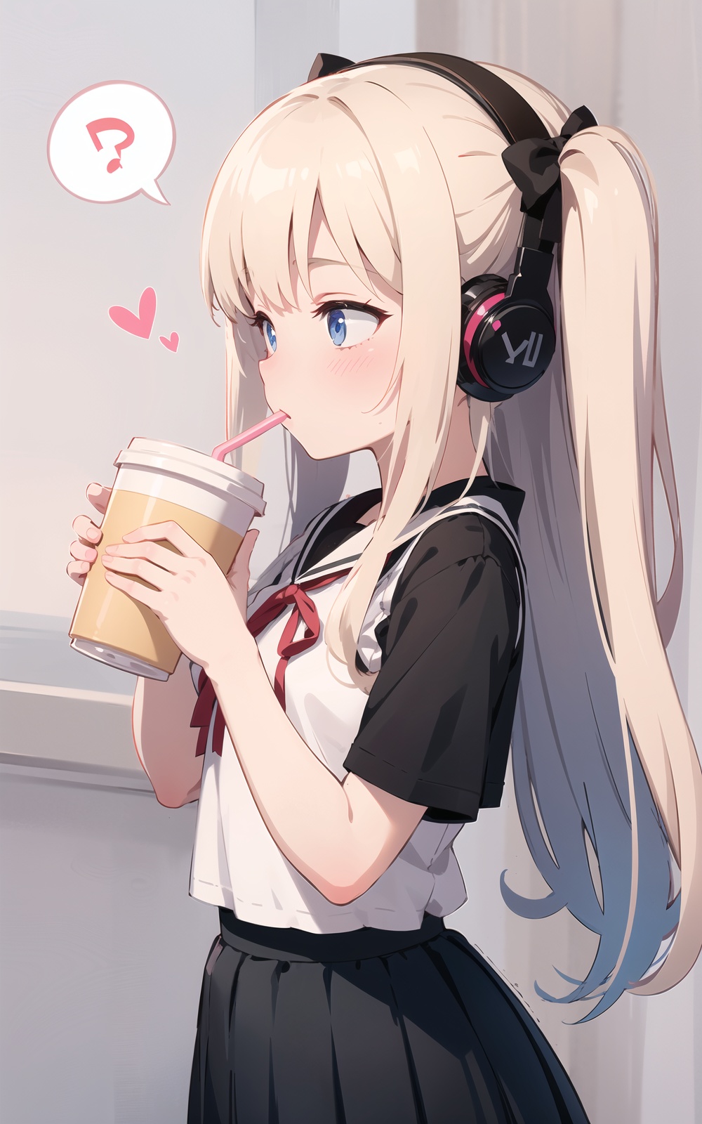 1girl, gradient, gradient_background, headphones, drinking_straw, speech_bubble, spoken_musical_note, spoken_heart, solo, drinking, long_hair, pink_shirt, spoken_blush, musical_note, disposable_cup, shirt, skirt, short_sleeves, cup, bangs, grey_background, eyebrows_visible_through_hair, spoken_question_mark, hair_ribbon, pleated_skirt, eighth_note, two_side_up, ribbon, blush, very_long_hair, one_side_up