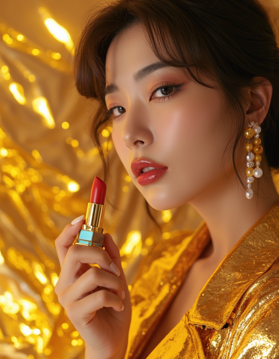 this is a picture of a fashionable south korea woman,she had a lipstick in her hand,she was dressed in solid gold and had a metallic sheen,
