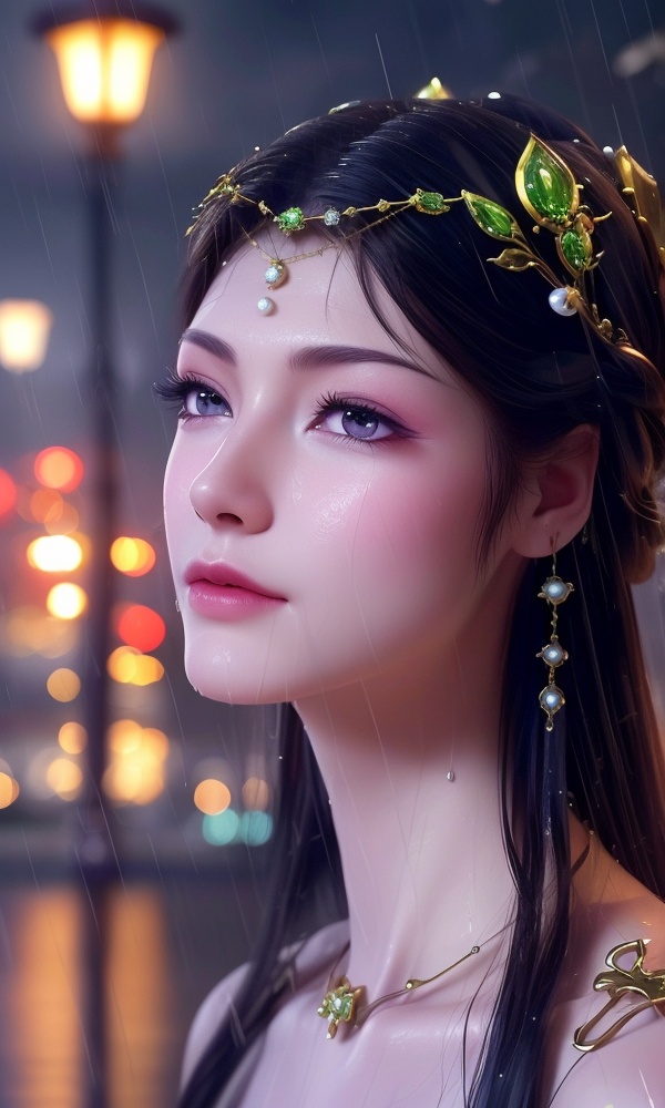 <lora:408-DA-凡人修仙传-卓如婷:0.8> ,(,1girl, ,best quality, ),looking at viewer, ,ultra detailed 8k cg, ultra detailed background,  ultra realistic 8k cg,          cinematic lighting, cinematic bloom, (( , )),,  , unreal, science fiction,  luxury, jewelry, diamond, pearl, gem, sapphire, ruby, emerald, intricate detail, delicate pattern, charming, alluring, seductive, erotic, enchanting, hair ornament, necklace, earrings, bracelet, armlet,halo,masterpiece, (( , )),,  ,cherry blossoms,(((, night,night sky,lamppost,  ultra high res, (photorealistic:1.4), raw photo, 1girl, , rain, sweat, ,wet, )))(( , ))   (()), (), 