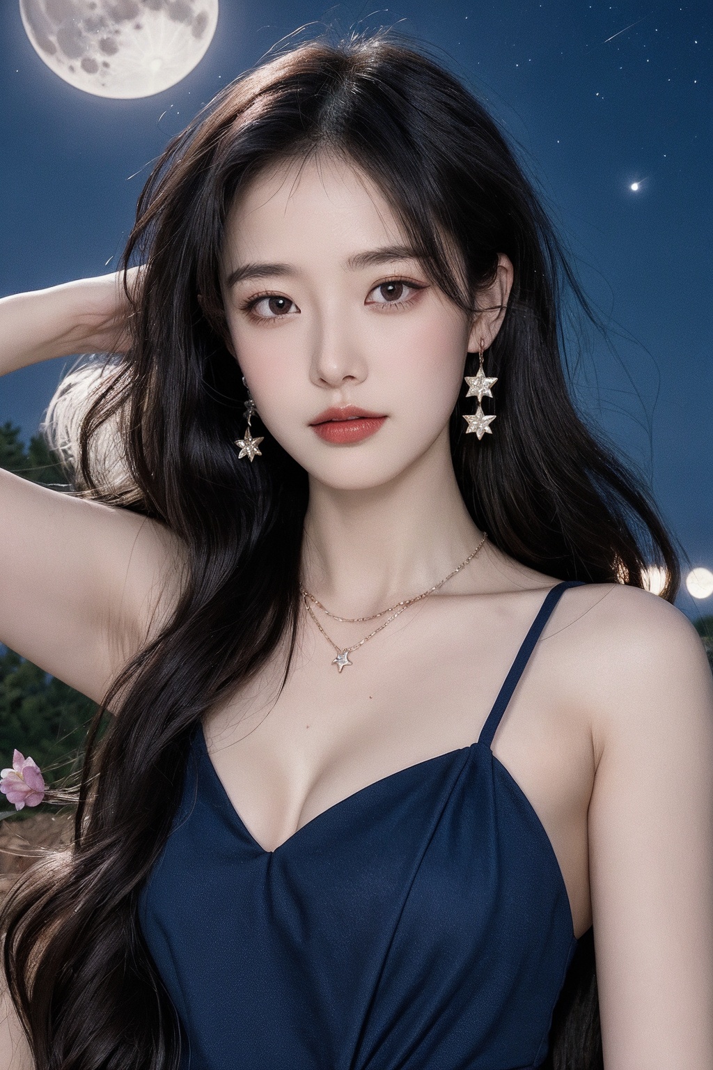1girl, bangle, bead bracelet, bracelet, breasts, cherry blossoms, cleavage, cloud, constellation, crescent moon, earrings, earth \(planet\), falling petals, full moon, galaxy, jewelry, long hair, looking at viewer, moon, moonlight, necklace, night, night sky, outdoors, petals, planet, red moon, rose petals, shooting star, sky, solo, space, standing, star \(sky\), starry sky, starry sky print, sun, very long hair <lora:清新美女:0.8>