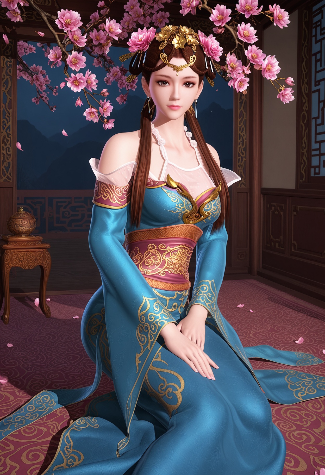 (full_body:1.2),(looking at viewer:1.1),masterpiece,(best quality),smog,Dark room,dim lighting,peach blossom,falling petals,<lora:YQ_Illustrious光辉v5_涟衣_V1:0.8>,q1528437228,1girl,solo,brown hair,hair ornament,jewelry,long hair,hair flower,earrings,brown eyes,dress,chinese clothes,braid,necklace,hair rings,sash,twintails,