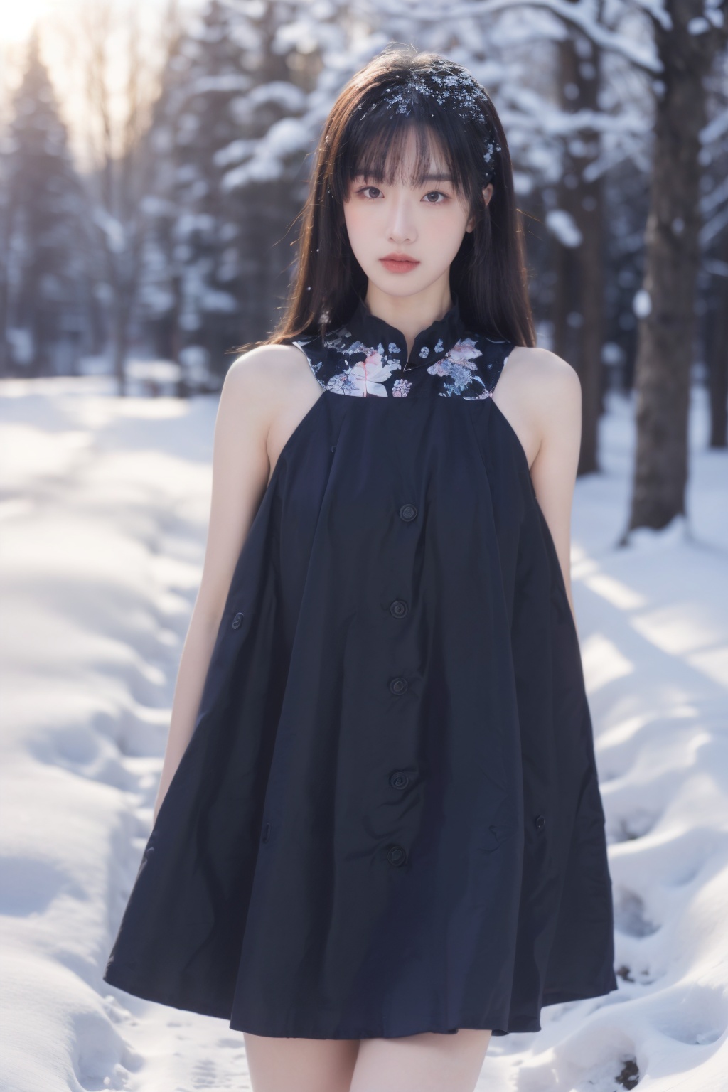 Realistic,(masterpiece:1.2),best quality,8K,HDR,RAW,depth of field,blurry,1girl,( long hair,delicate girl),(Winter, snow, sunset, trees),(looking at viewer),((solo)),huge breasts,standing,<lora:add_detail:0.6>,<lora:GoodHands-beta2:1>,<lora:ENNE 黑色无袖连衣裙_v09:1>,sleeveless dress,black dress,minidress,floral print,bare shoulders,