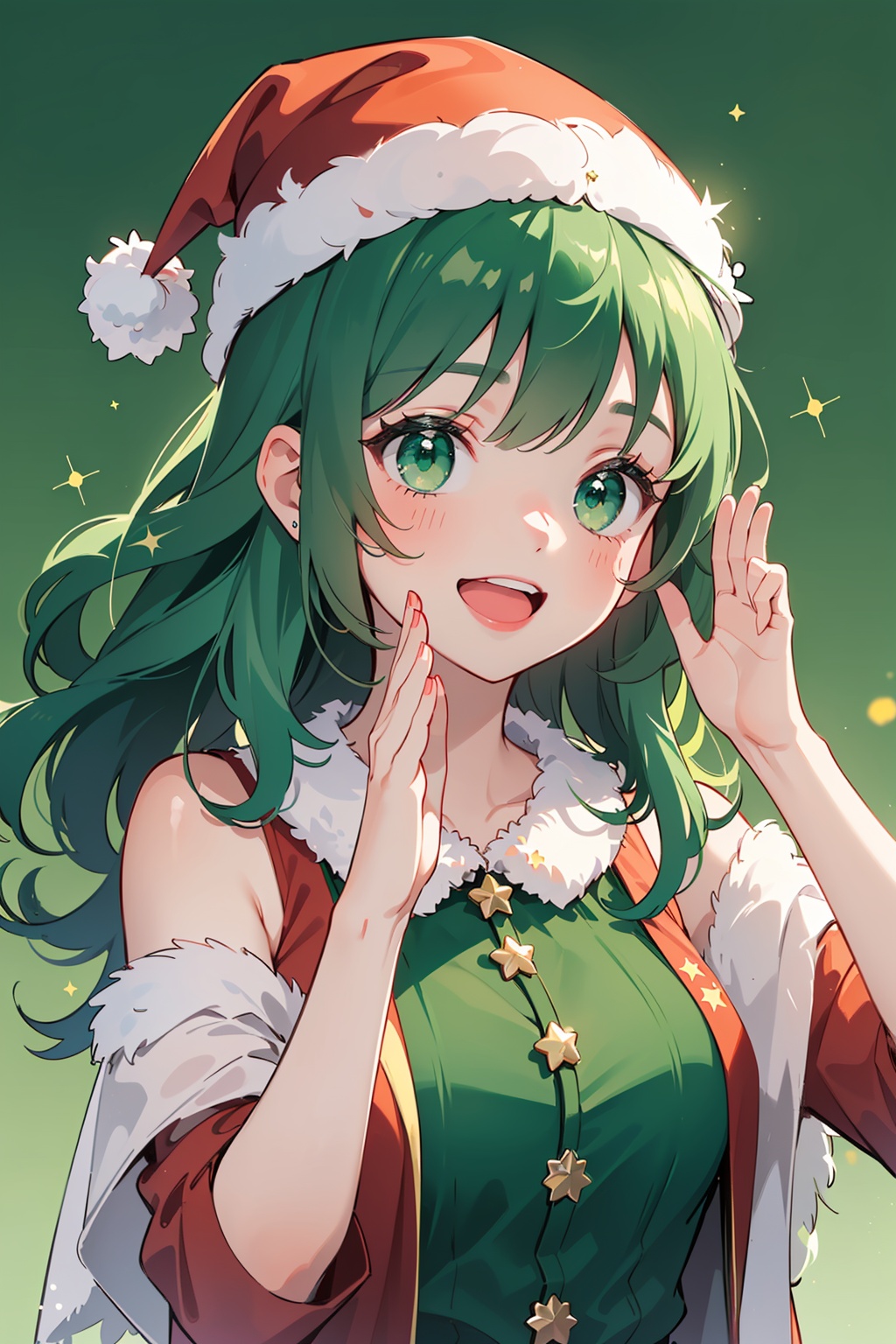 ((upper body of dynamic pose of a girl, happy and laughing expression )) ((Pure green background:1.2)),A whimsical girl in festive attire,complete with a Christmas tree hat and holiday decorations. Her saluting pose and worried expression add a touch of playful innocence to the holiday spirit.,