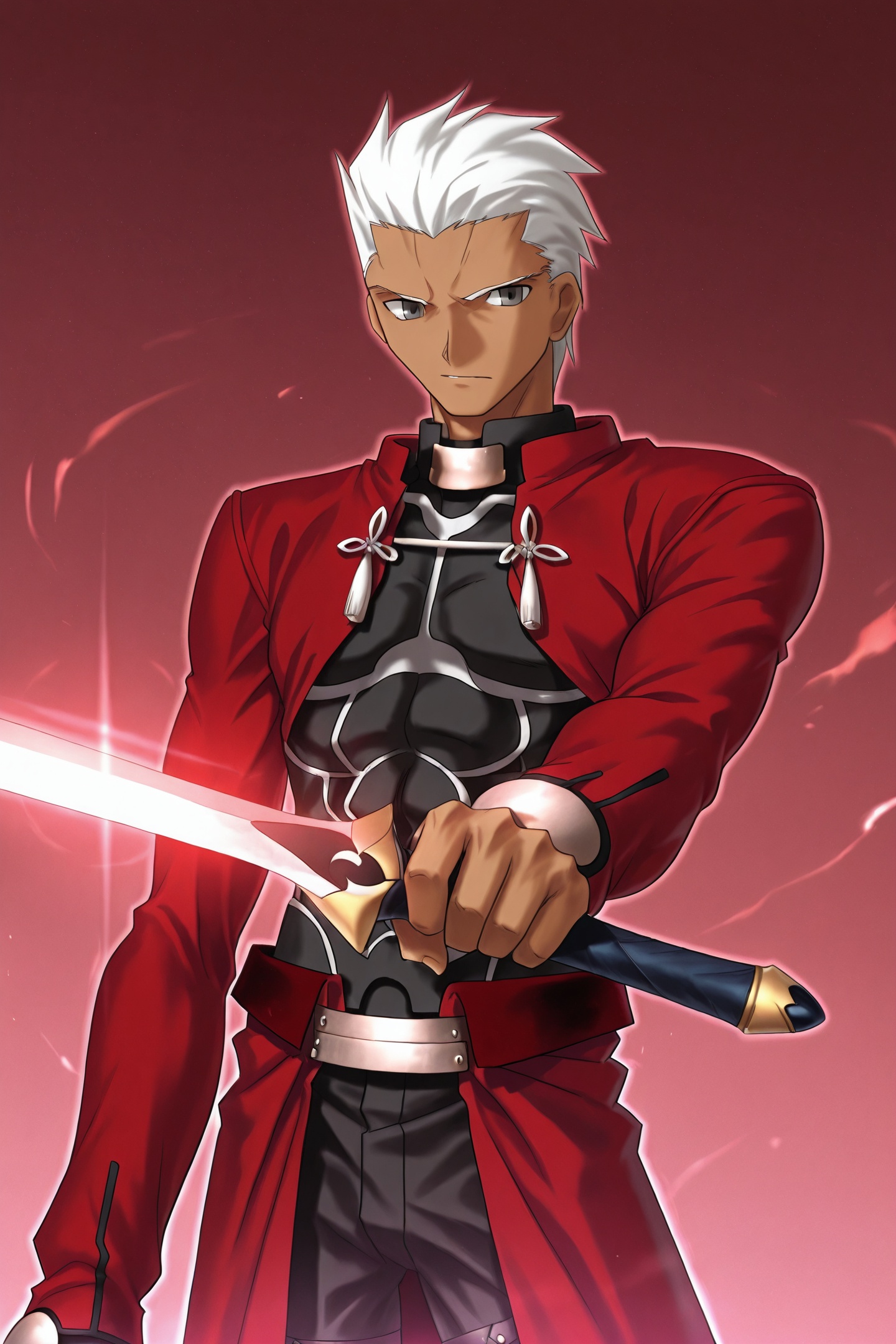 Fate stay night Style,archer \(fate\),1boy,solo,male focus,dark-skinned male,dark skin,white hair,weapon,dual wielding,holding,kanshou & bakuya \(fate\),sword,grey eyes,holding weapon,upper body,<lora:Fate stay night_illustriousXL:1>,