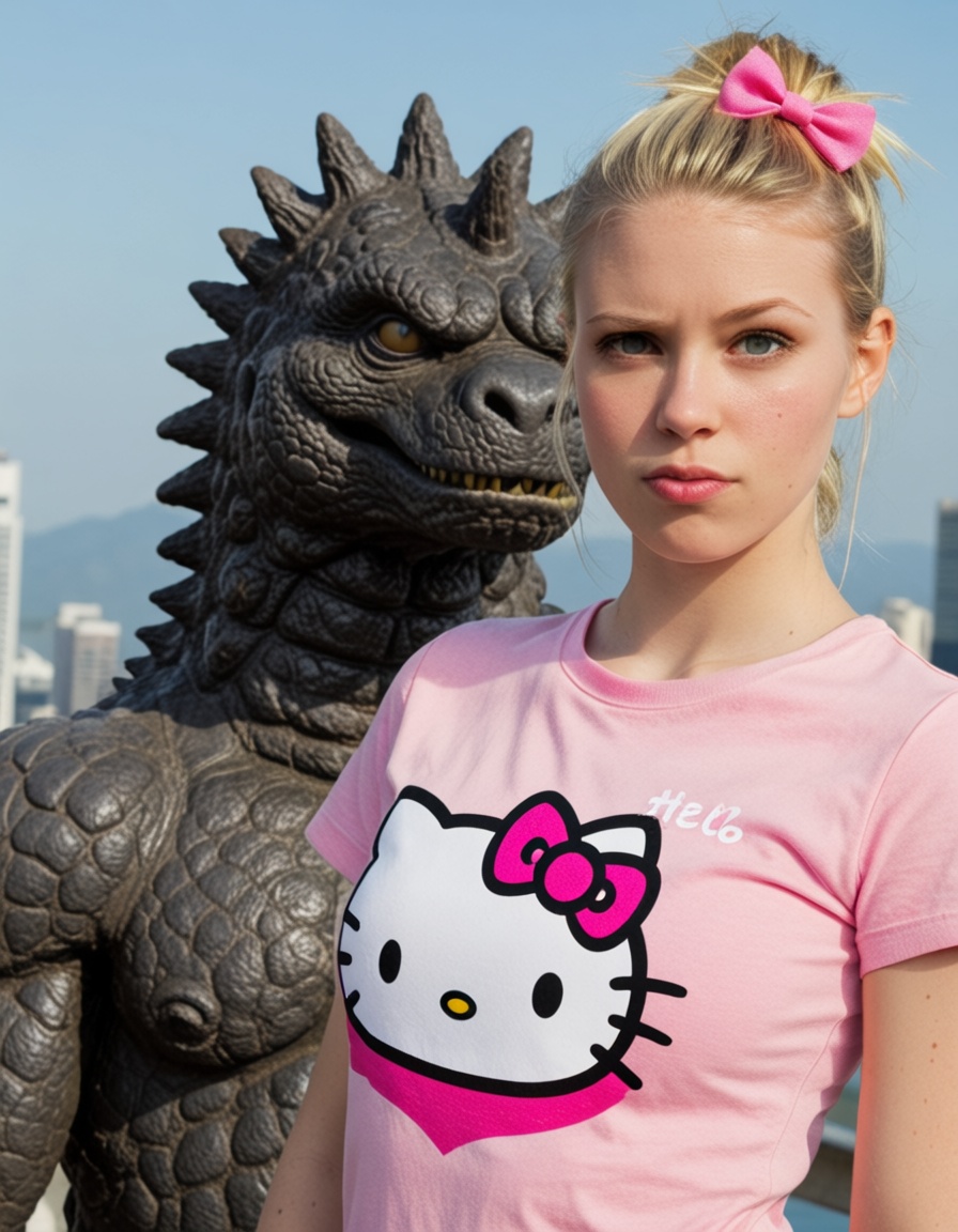 beautiful blonde girl with a pink hello kitty t-shirt,  godzilla in the background is judging you too on Tensor.Art