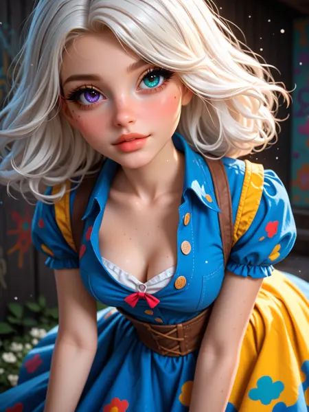 score_9, score_8_up, score_7_up, bokeh,girl, heterochromia eyes, flooded rooftop loft under twilight sky, puddles reflecting neon, (beautiful face, cute face, 18 years old) snow white hair with neon teal tips, solo, [[freckles on face, freckles on chest, freckles on breasts]], (narrow waist, narrow hips:1.3), grunge denim vest unbuttoned, skirt, (ass up, hair blown sideways by wind, daring glance), rusty pipes and graffiti walls behind, (Grunge:1.4)