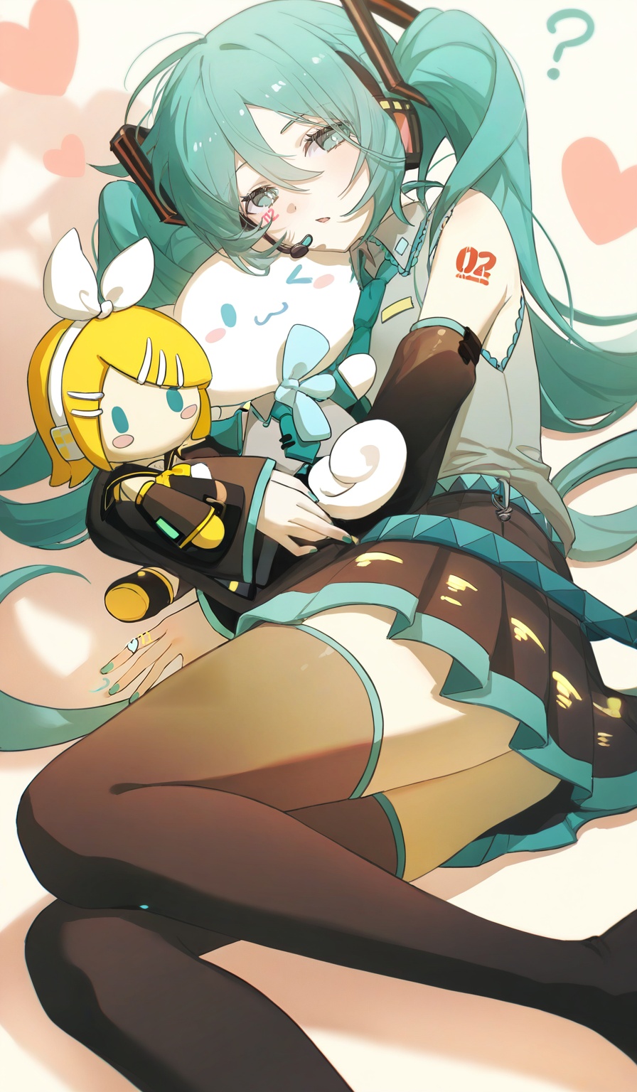 <lora:konya666 (5):1>,highres,absurdres,newest,very awa,masterpiece,best quality,year 2024,\,SenSen,hatsune miku,cinnamoroll,1girl,bow,detached sleeves,character doll,skirt,hair bow,shirt,aqua necktie,black sleeves,number tattoo,looking at viewer,grey shirt,necktie,aqua hair,aqua eyes,black skirt,hair ornament,blue bow,heart,?,sleeveless,long hair,>_<,solo,hair between eyes,sleeveless shirt,pleated skirt,bare shoulders,twintails,open mouth,thighhighs,tattoo,updo,headset,collared shirt,kagamine rin,lying,headphones,parted lips,black thighhighs,nail polish,