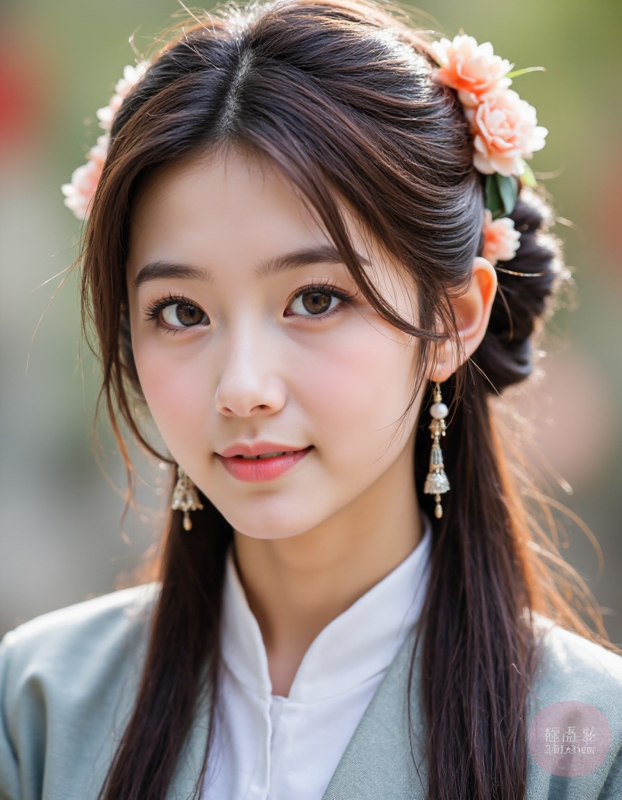 1girl, solo, earrings, jewelry, realistic, looking at viewer, long hair, brown hair, blurry background, hair ornament, flower, blurry, hair flower, hair bun, portrait, closed mouth, chinese clothes, outdoors,