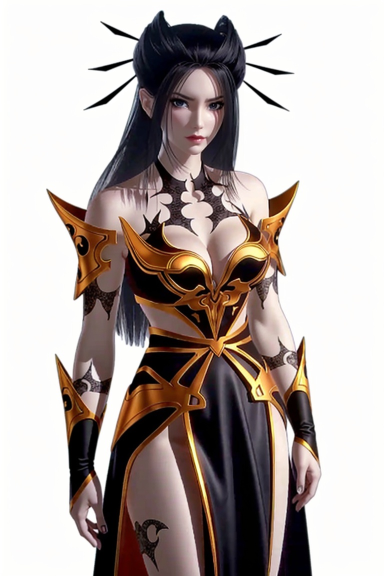 ((HRD, HUD, 8K)),((masterpiece, best quality)), highly detailed,1girl, solo, long hair, black hair, hair ornament, hair stick, black eyes, lips, red lips,tattoo, breasts, cleavage, dress, bare shoulders, armor, simple background, white background, cowboy shot, standing, looking at viewer,  <lora:20240516-1715819702586:0.72>