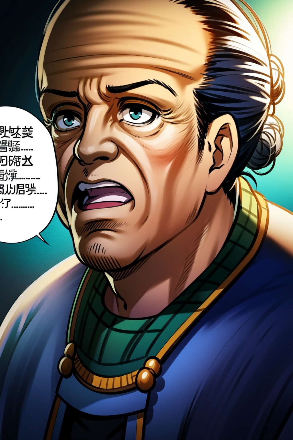 Sanshikongbu,solo,open mouth,black hair,1boy,male focus,hair bun,speech bubble,grey eyes,parody,single hair bun,letterboxed,wrinkled skin,8K,HDR,high resolution,(Masterpiece :1.3),(best quality :1.2),high quality,high detail,blurry background,