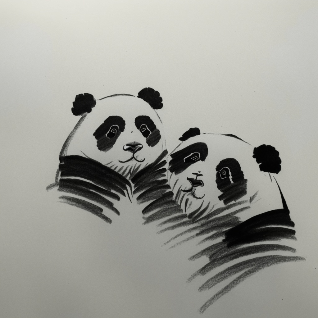This is a pencil sketch,((two pandas with big heads)),line drawing,simple and smooth line modeling,smooth line,((brown tone)),light beige background,margin margin.,