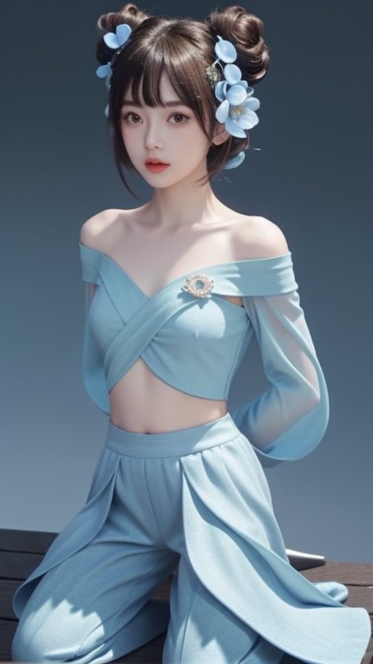 (1girl),smooth chin,masterpiece,detailed face,((hair ornament)),top quality,4k,make up,best quality,medium breasts,(looking at viewer),long legs,double bun,jewelry hair,dress,detached sleeves,ribbon,shawl,light blue skirt,puffy pants,hair rings,hair flower,(wariza),(arms behind back),bangs,jewelry on bangs,<lora:王者小乔青蛇SD_v1.0:0.6>,