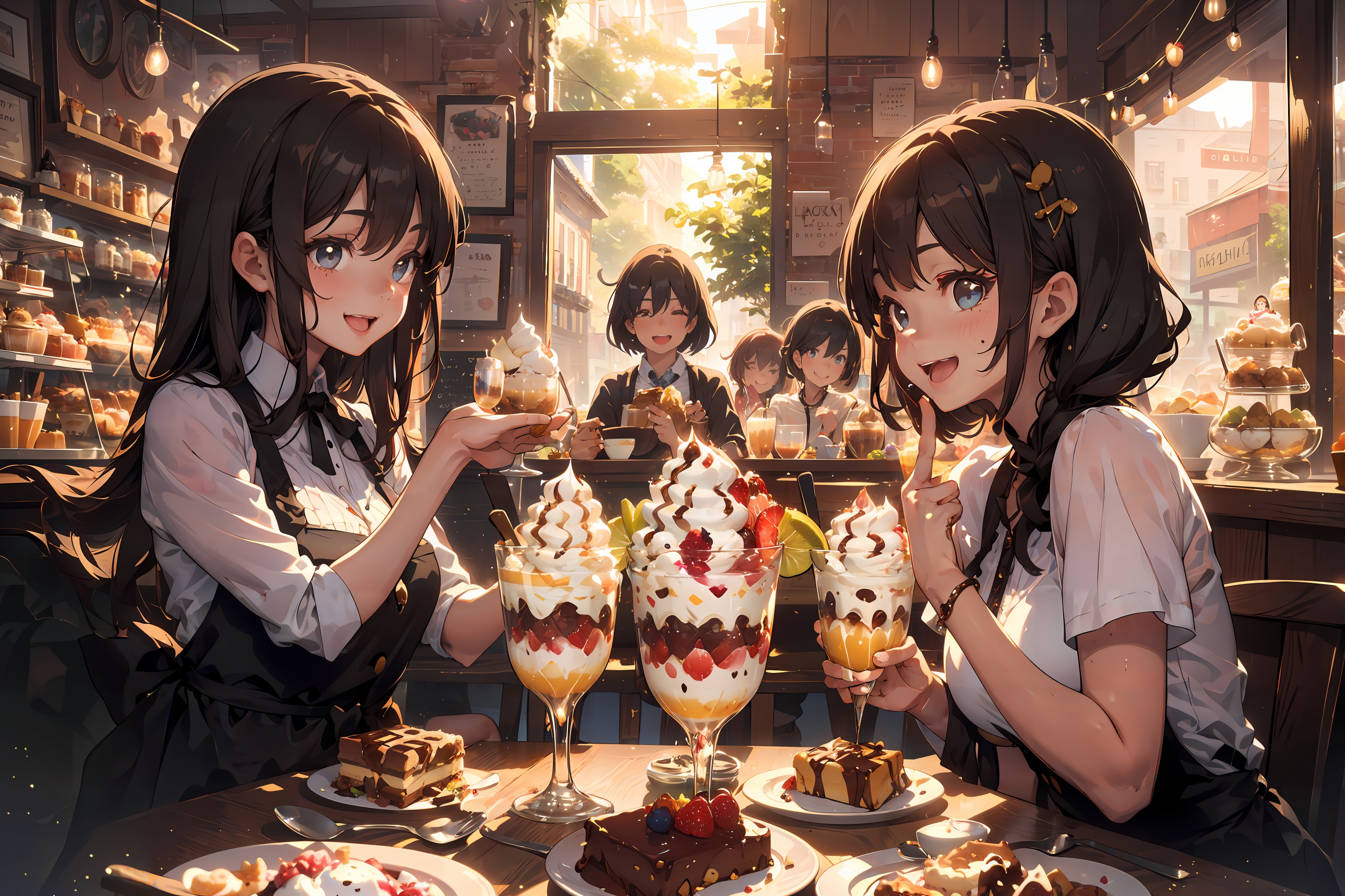 On a sunny afternoon,  a group of friends gathered at a cozy café,  their laughter filling the air as they indulged in swe...