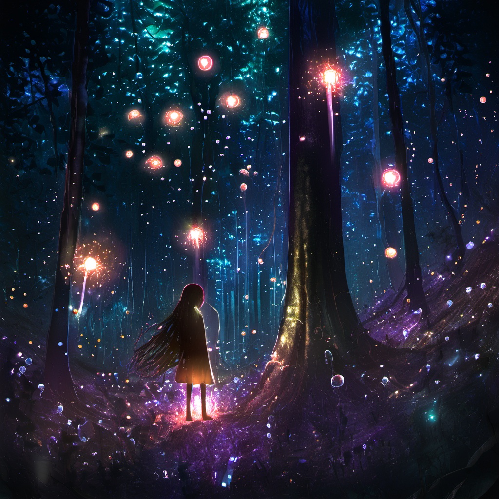 <lora:star_xl_v1:1>,The image portrays a mystical and ethereal forest scene at night. The forest floor is illuminated by a myriad of glowing orbs, some of which resemble fireflies, while others have a more luminescent quality. These orbs cast a soft, radiant light that contrasts with the darker shadows of the trees and foliage. In the center of the image, there's a tall, glowing figure with long, flowing hair, standing amidst the orbs. The figure appears to be made of a translucent material, allowing the light to pass through it. The overall ambiance of the image is serene, magical, and otherworldly., forest, nocturnal, glow, orbs, fireflies, radiant light, glowing, luminescent, figure, translucent, ambiance