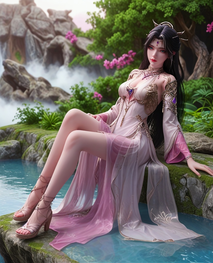 (oriental architecture, elegant decor, sophisticated style:1.1),sitting, legs together,(breasts:1.2),<lora:XL16完美世界魔女真身:0.95>,miss monv,solo,white dress,aqua eyes,black hair,hair with white highlights,long hair,hair ornament,metal collar,gem,jewelry,gambeson,pink cuffs,see-through underskirt,strappy heels,, zPDXL2, score_9, score_8_up, score_7_up BREAK realistic, masterpiece,best quality, highly detailed,