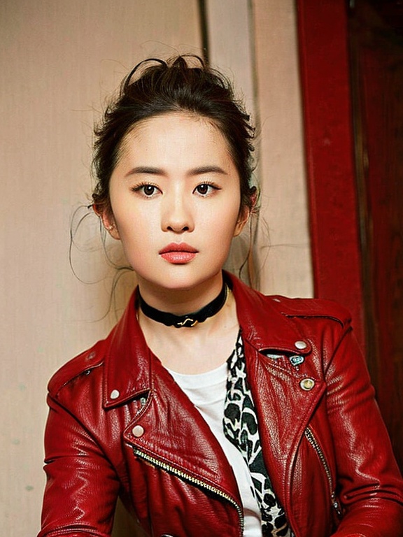 lyf,1girl, choker, solo, black_choker, red_jacket, black_hair, looking_at_viewer, realistic, lips, jacket,<lora:刘亦菲:1>,
