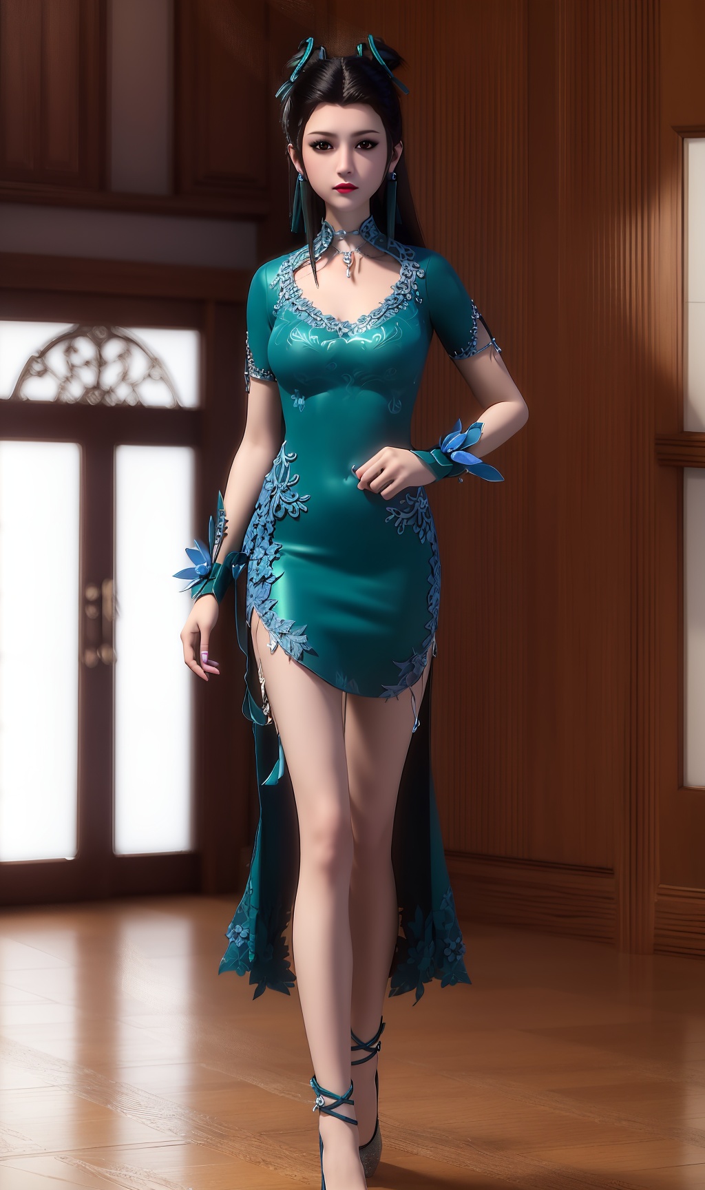 3D,masterpiece,(best quality),(makeup),official art, extremely detailed cg 8k wallpaper,((crystalstexture skin)), (extremely delicate and beautiful),(highly detailed),(face),(collar),(closed_mouth),(1girl), (solo), (jewelry), (earrings),(black_hair),(long_hair),(hair_ornament),(handwear),(breasts),(standing),(full_body,whole_body),(dress),(skirt),(shiny_clothes),(long_legs),(city,indoor),(cheongsam),,((looking_at_viewer)),((Facing the camera)),((high_heels)),, <lora:hipoly3DModelLora_v10:0.3>