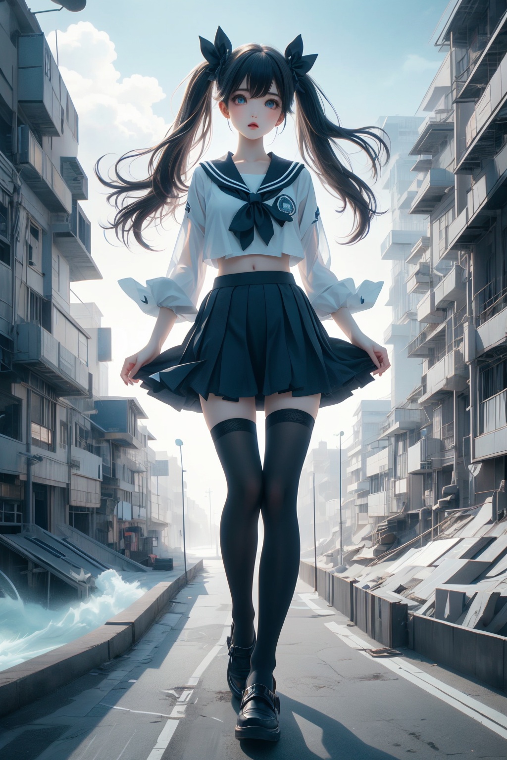 (illustration),(masterpiece:1.3),(best quality:1.2),(ultra-detailed:1.2),1girl,bangs,black legwear,aqua eyes,blue_serafuku,blue_skirt,navel,miniskirt,blush,large breasts,brown_footwear,black hair,building,collarbone,full_body,twintails,zettai ryouiki,thighhighs,loafers,long_sleeves,looking_at_viewer,one_side_up,outdoors,pleated_skirt,sailor_collar,school_uniform,serafuku,shoes,skirt,solo,standing,