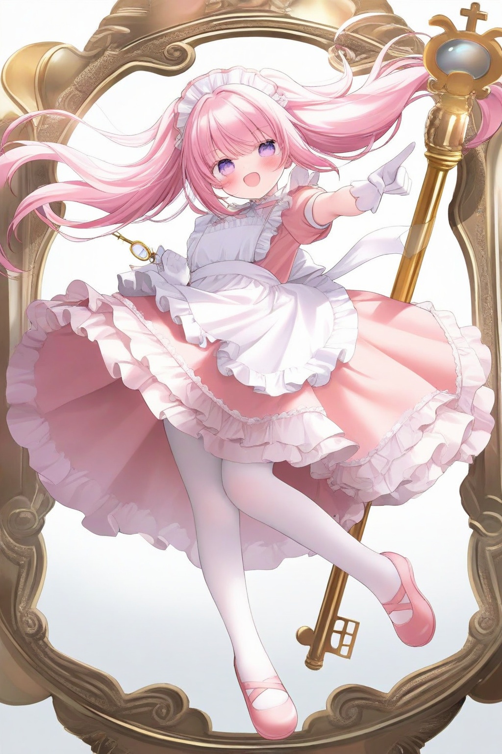 1girl, :d, apron, blush, dress, floating hair, frilled apron, frilled dress, frills, full body, gloves, hair floating upwards, holding, holding key, key, looking at viewer, maid, mirror, open mouth, outstretched arm, oversized object, pantyhose, pink dress, pink hair, pink shoes, pointing, purple eyes, shoes, short sleeves, smile, solo, twintails, white apron, white background, white gloves, white pantyhose<lora:ch_p-000021:1>