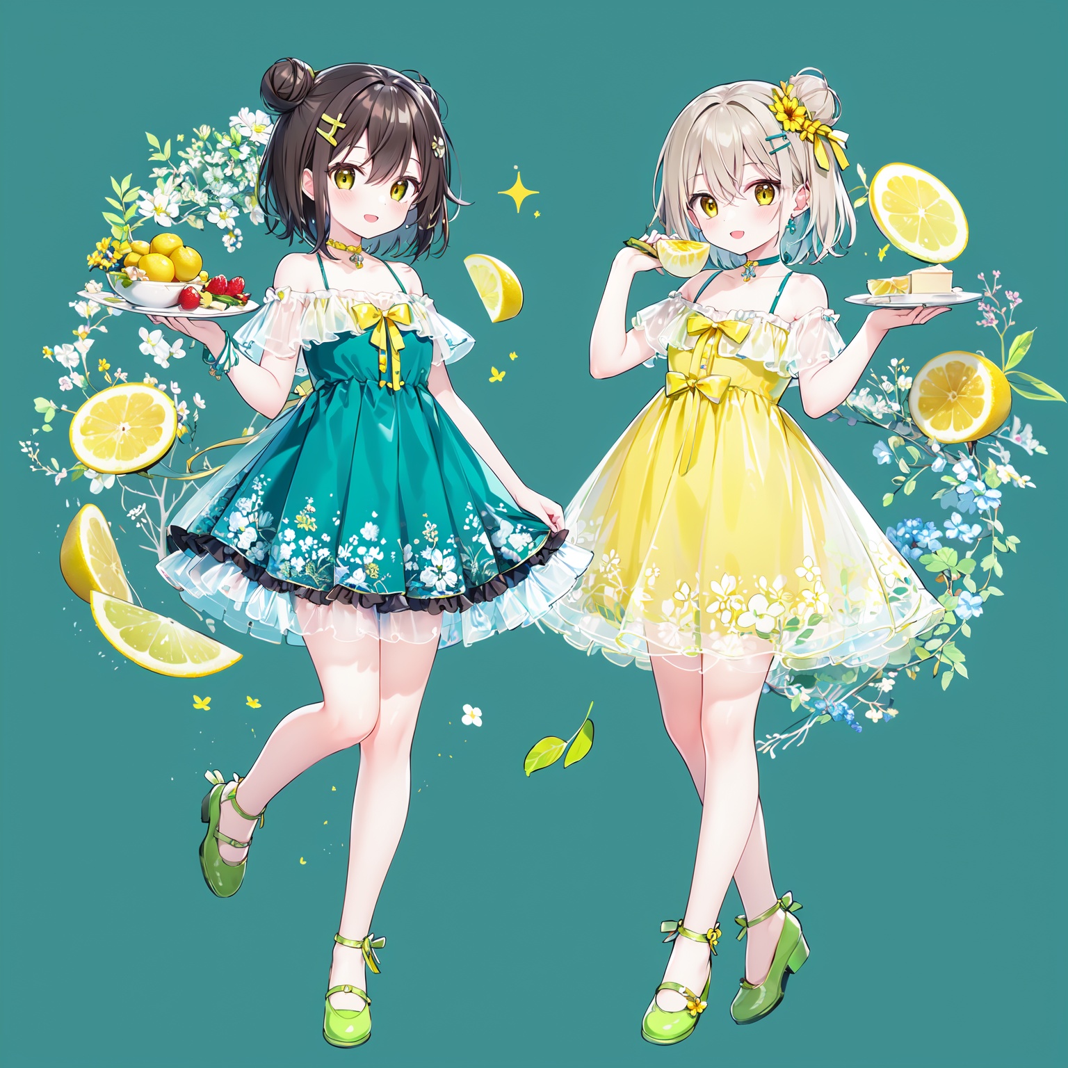multiple girls, 2girls, dress, lemon, food, shoes, blue hair, long hair, pantyhose, fruit, brown eyes, smile, socks, hair bun, brown hair, lemon slice, bangs, blush, closed mouth, single hair bun, standing, short sleeves, hair ornament, looking at viewer, green dress, hairclip, see-through, collarbone, bare shoulders, choker, standing on one leg, green footwear, short hair, open mouth, blue background, off-shoulder dress, full body, brown footwear, hair between eyes, yellow choker, frills, off shoulder, parted lips, sleeveless dress, yellow footwear, sleeveless, yellow dress, yellow eyes, food-themed hair ornament, :d, bow,,,,,,