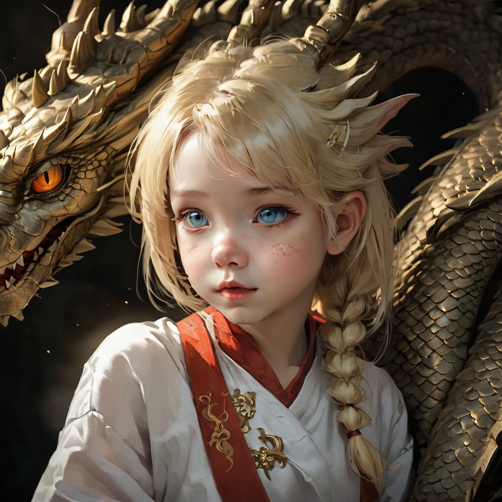 lbbao,1girl,dragon,looking at viewer,solo,realistic,blonde hair,closed mouth,heterochromia,<lora:龙宝宝:0.8>,