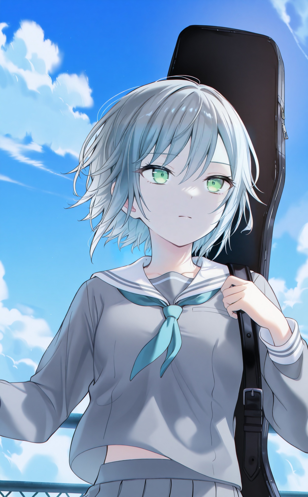 masterpiece,absurdres,best quality,high quality,chromatic_aberration,//,1girl, instrument_case, guitar_case, chain-link_fence, solo, school_uniform, fence, serafuku, short_hair, sky, grey_hair, outdoors, green_eyes, skirt, miyamasuzaka_girls'_academy_school_uniform, neckerchief, sailor_collar, white_sailor_collar, long_sleeves, cloud, pleated_skirt, closed_mouth, shirt, blue_sky, day, upper_body, blue_neckerchief, grey_shirt, grey_skirt, grey_serafuku, midriff_peek, hair_between_eyes, looking_to_the_side, looking_afar//,//,<lora:timmoo——【CKXL】hans:1>,