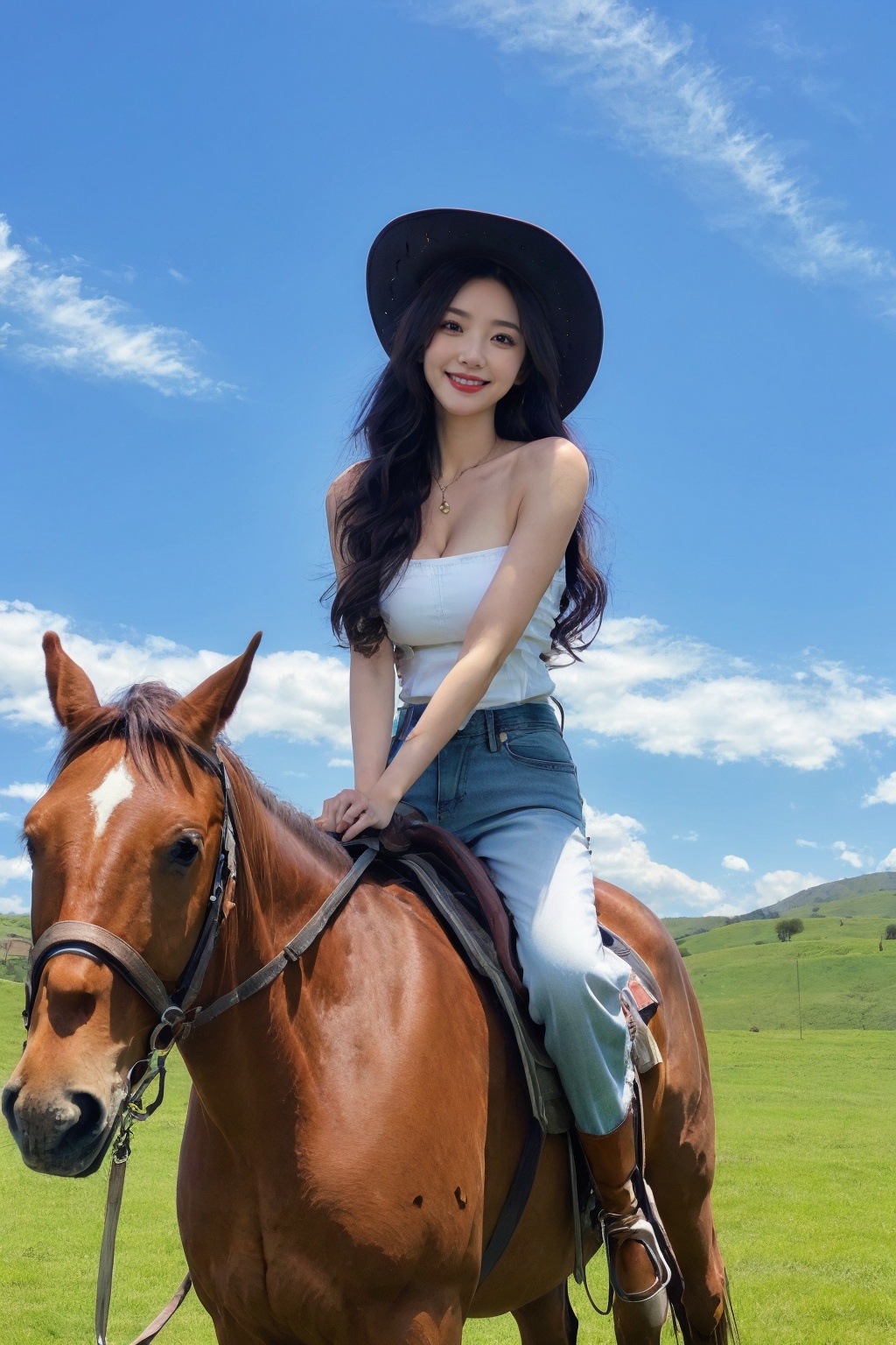 1girl,solo,black hair,realistic,looking at viewer,long hair,(from front:1.2),smile,cowboy hat,white jeans,collarbonea,cleavage,denim,<lora:neimenggu_muggle:0.6>,neimenggu muggle,riding,horse,outdoors,horseback riding,cloud,outdoors,grass,blue sky,day,cloud,