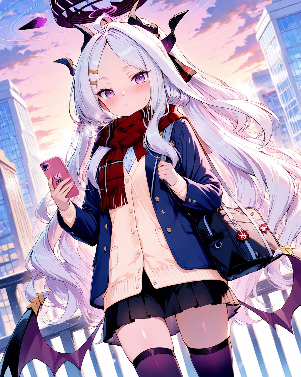 Hina (Blue Archive),O,Hina \(Blue Archive\), 1girl, hina, (blue archive), solo, long hair, horns, scarf, thighhighs, phone, white hair, bag, cellphone, halo, skirt, wings, hair ornament, holding, blush, jacket, purple eyes, school bag, school uniform, low wings, looking at viewer, parted bangs, holding phone, hairclip, demon wings, blue jacket, smartphone, pleated skirt, long sleeves, black thighhighs, bangs, ahoge, demon horns, zettai ryouiki, black skirt, plaid scarf, red scarf, cardigan, charm, (object), multiple horns, dutch angle, sky, plaid, very long hair, railing, outdoors, standing, open clothes, white shirt, miniskirt, cloud, blazer, demon girl, open jacket, shirt, closed mouth, sunset, sidelocks, forehead, fringe trim, buttons, purple thighhighs, building, bag charm, alternate costume, cowboy shot, shoulder bag, cloudy sky, cityscape,(UHD),anatomically correct,accurate,textured skin,super detail,high details,award winning,best quality,high quality,retina,HD,16k,1080P,