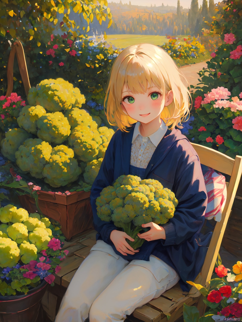 Oil_painting, Generate an image featuring a girl holding a head of broccoli in a natural setting, such as a garden or a farm. The girl should have a happy expression and the broccoli should appear fresh and healthy. The overall mood of the image should be bright and cheerful. <lora:Oil_Painting_Pudding:1>